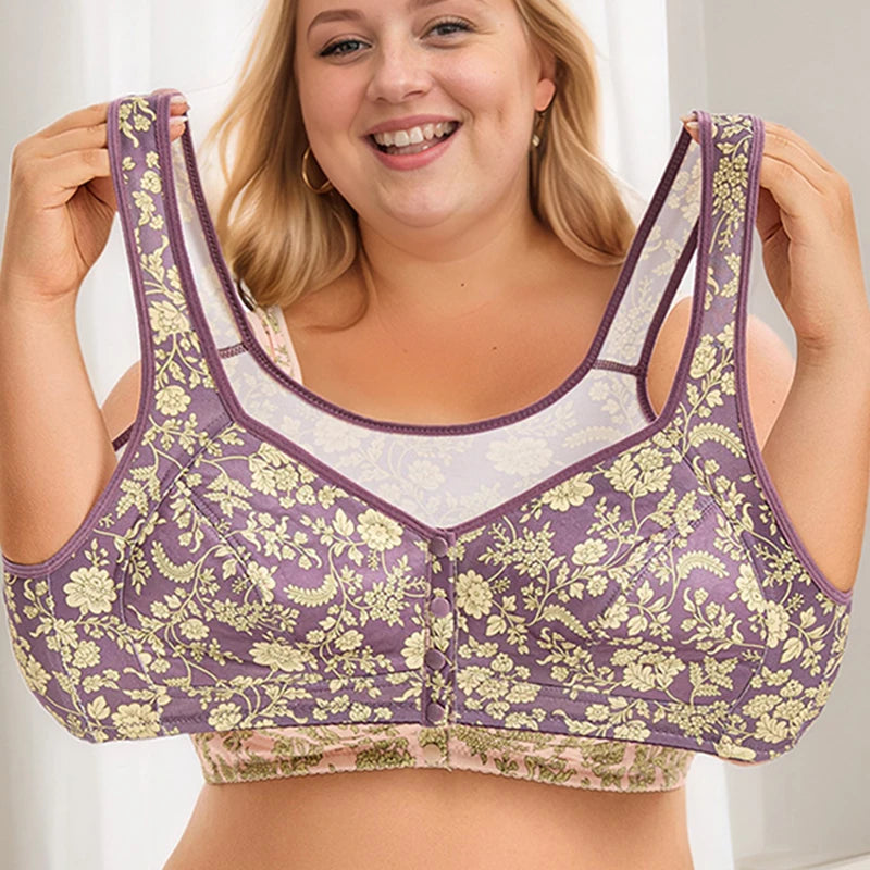 plus Size Front Closure Wireless Floral Print Bra Full Coverage Comfortable Support Bralette for Women Wide Band Everyday Wear