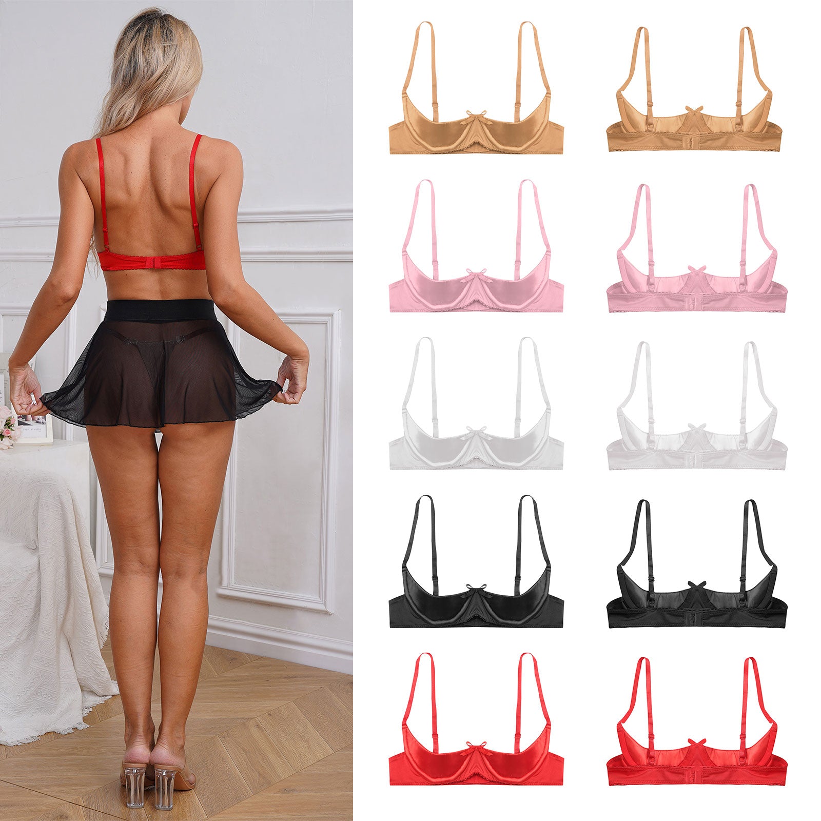 Womens Sexy Satin Intimates Lingerie Bras Female Adjustable Straps Underwire Half Cup Bow Push Up Balconette Brassiere Underwear