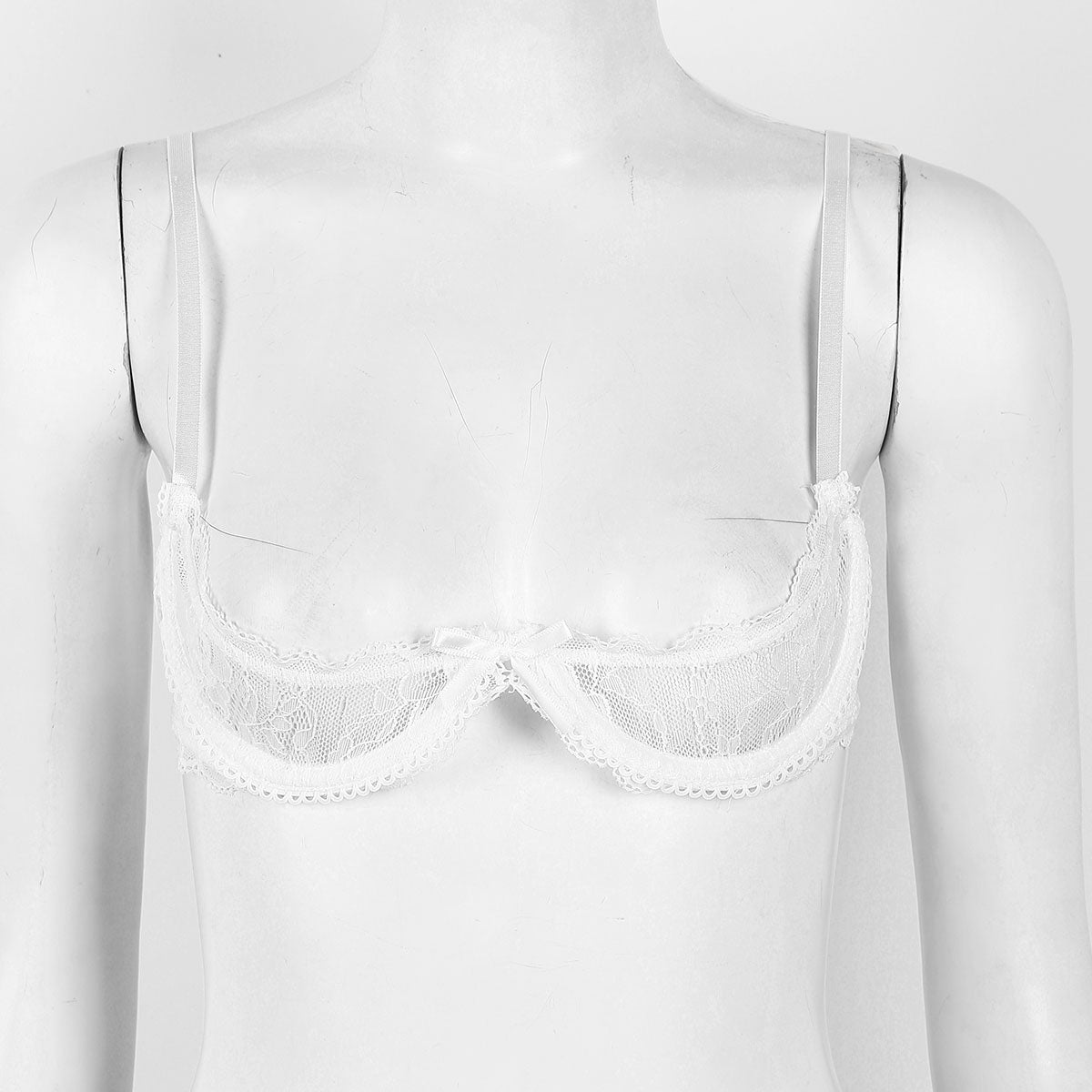 Womens Sexy Lace 1/4 Cups Unlined Bra See Through Mesh Push Up Underwired Brassiere Non Padded Balconette Bras Lingerie Tops