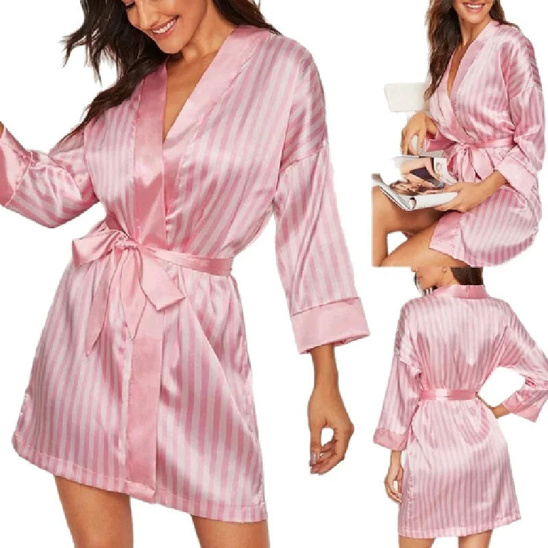 Women's Sexy Lingerie Robe Pink Striped Satin Short Nightwear Bathrobe Sleepwear Homewear Bridesmaid For Ladies Pajama party