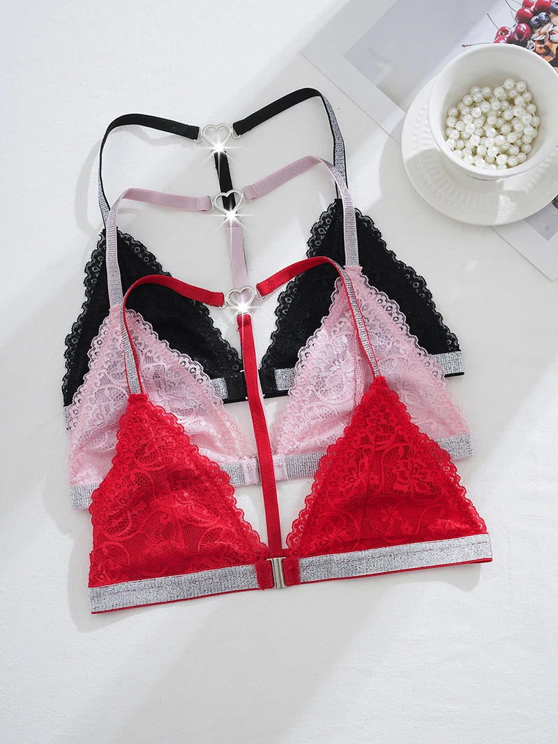 Women Lace Unlined Bras Sexy Wire Free Bralette Underwear Push Up Halter Strap Brassiere Lingerie Front Closure Temptation Bra