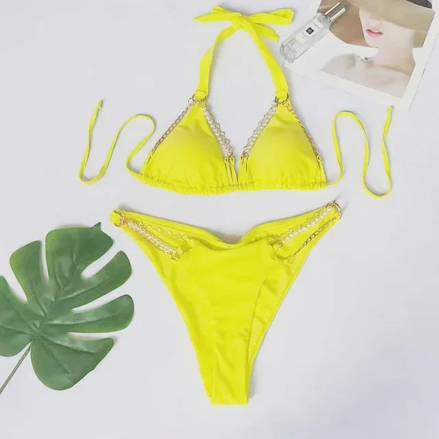 Bikini swimsuit with separate metal cover-up, women's halter neck backless swimwear made of highly elastic fabric