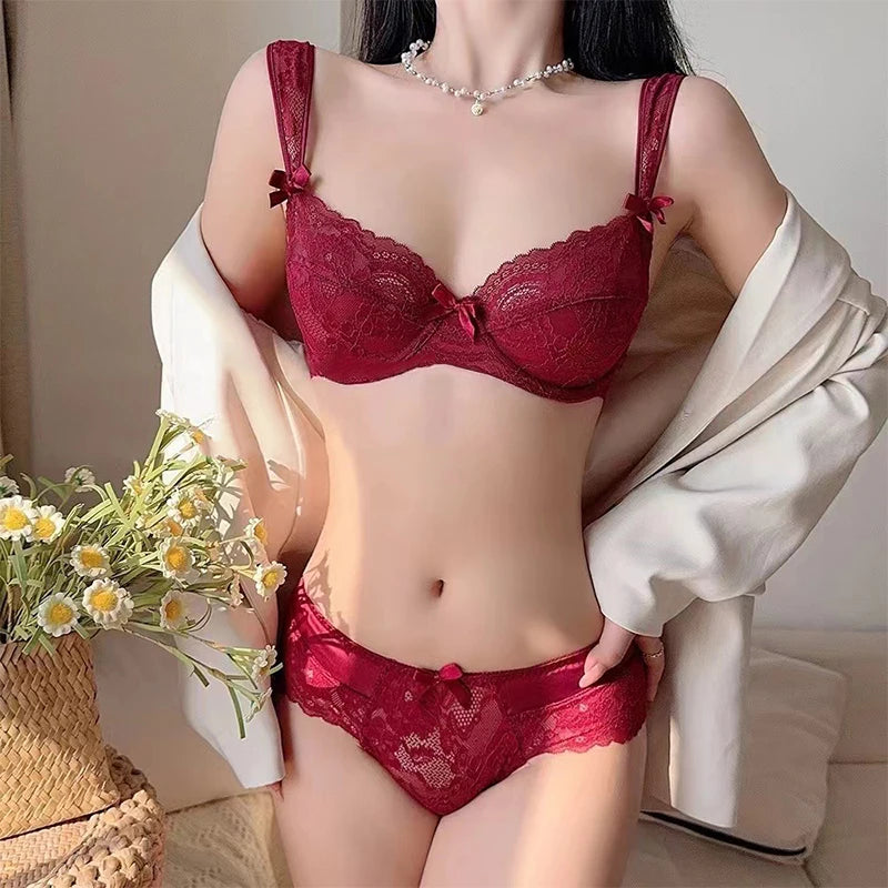 Sexy Ultra-thin Lace Bras Women's Push Up Bra Hollow Out Transparent Gathered Underwear French Elegant Ladies Bow Underwire