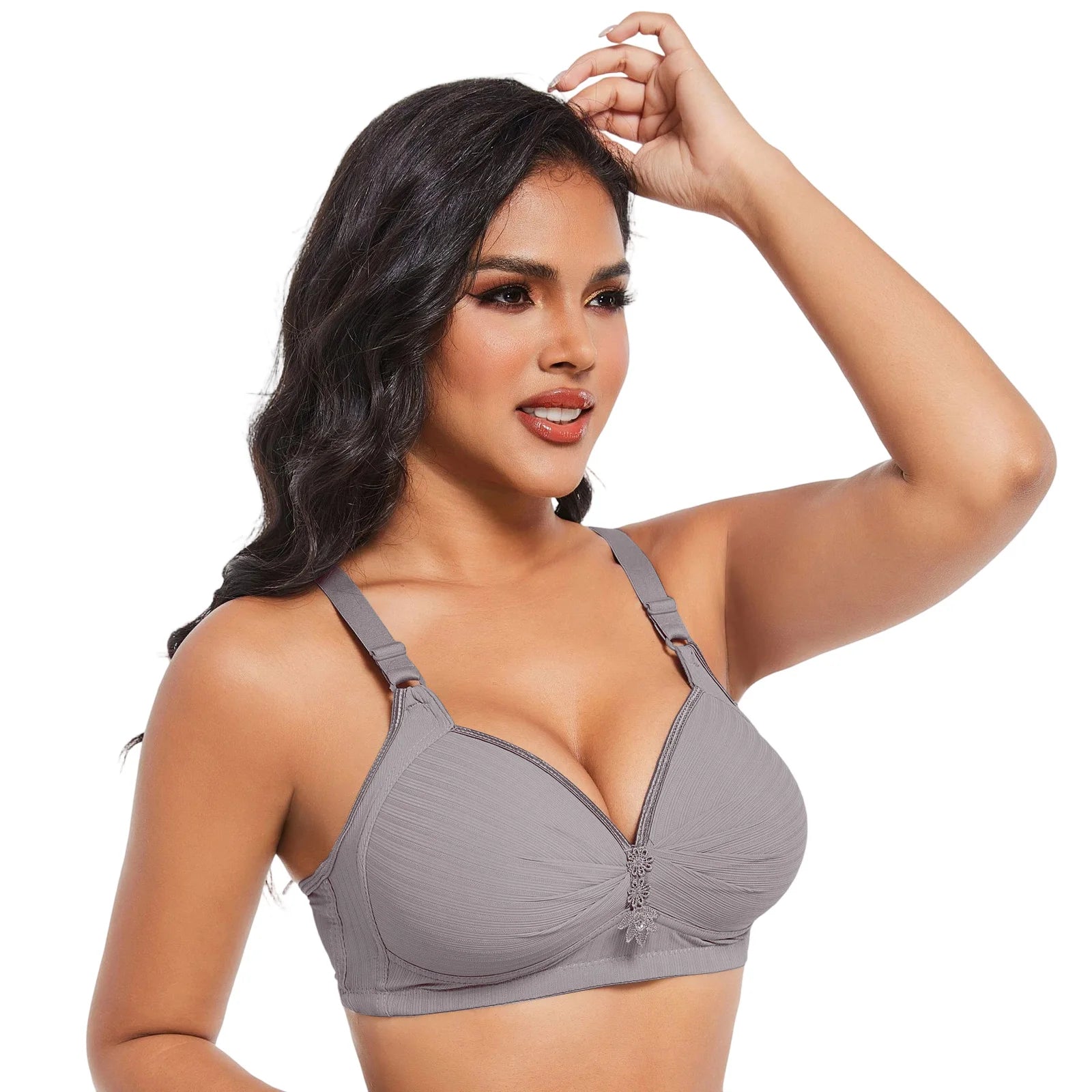 Elegant Skin Tone Textured Bra Chic Wireless Full Coverage Underwear Stylish Push Up Rhinestone Detail Lingerie Women