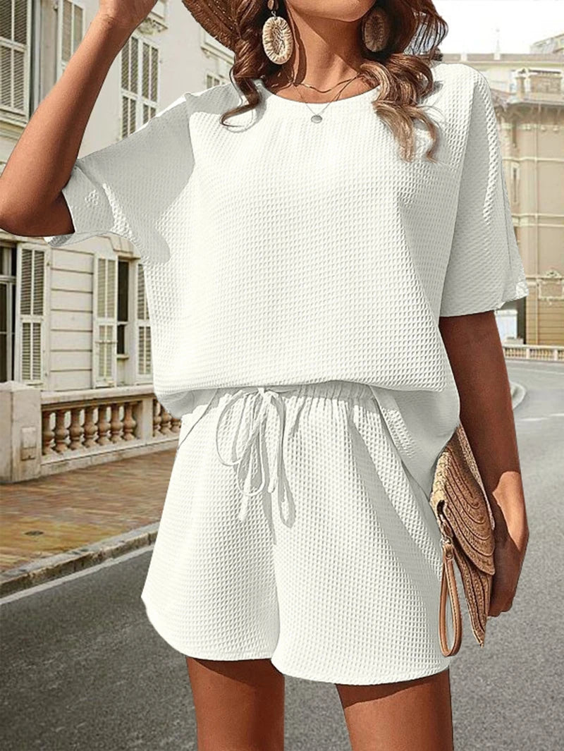 Stylish Casual Pajama Set For Women Solid Color Half Sleeve Bat Shirt And Soft Elastic Shorts Cozy Relaxed Fit Loungewear Pjs
