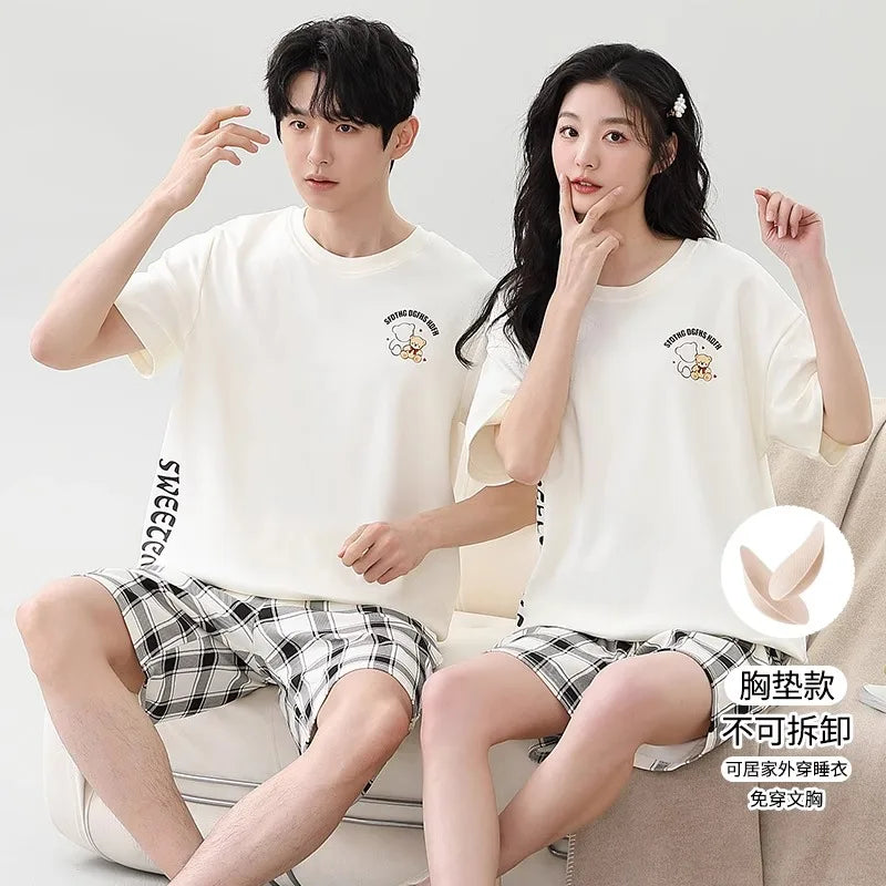 Lovers Pajama Set Cotton Cartoon Cute Nightwear For Men Women Homewear Plus Size Summer Thin Pyjamas Couples Pjs Loungewear