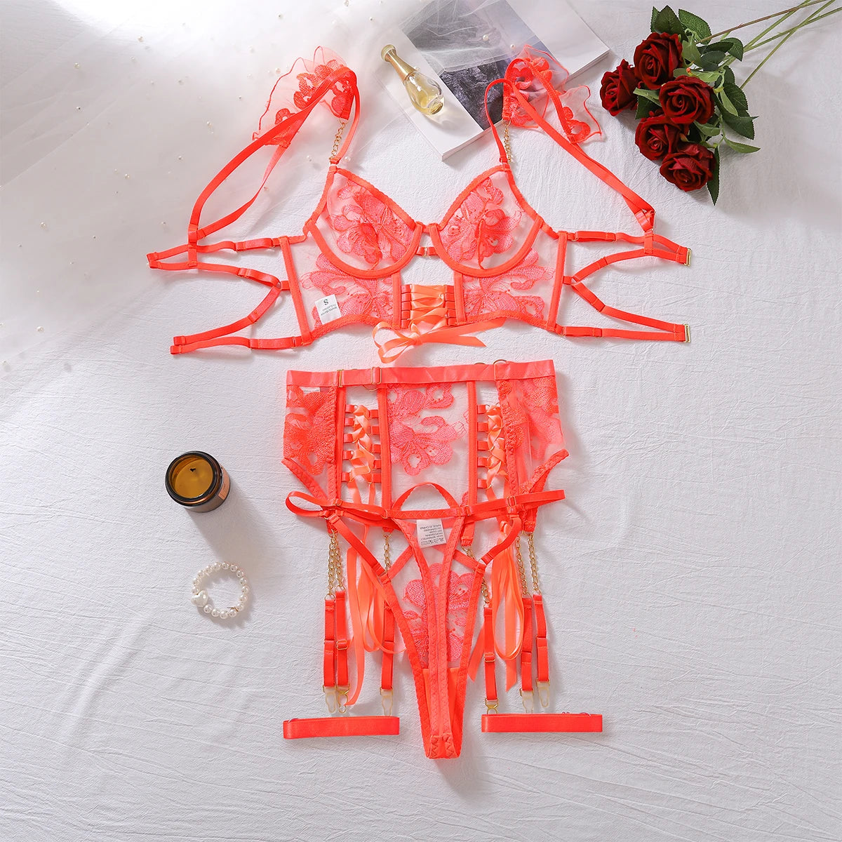 Women'S Erotic Lingerie 4-Piece Floral Embroidery See-Through Ultra-Thin Sets Fly Shoulder Straps Hollow Bra and Thongs Sexy Set