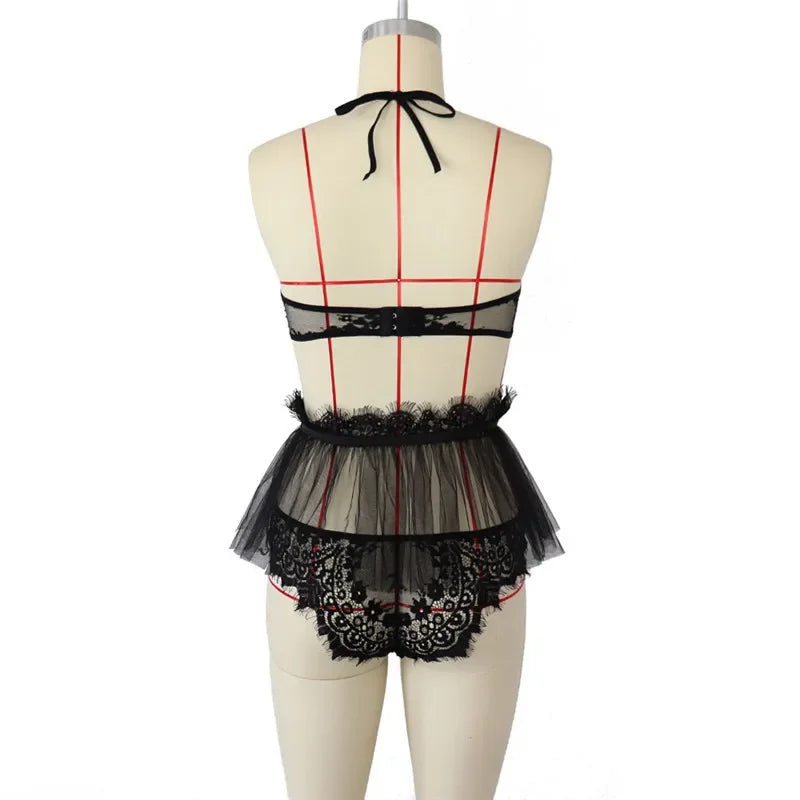 Sexy Lace Lingerie Sets See Through Erotic Bra Panties Garters Underwear Flirting Costumes Clothes Sex Outfits for Women