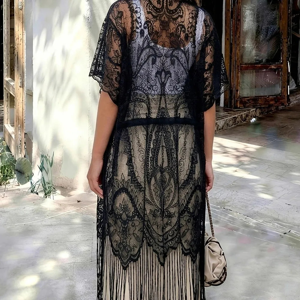 Fashion Lace Mesh Sunscreen Beach Cover Up Floral Tassel Bohemian Shawl Plus Size Transparent Swimsuit Cover Up Women