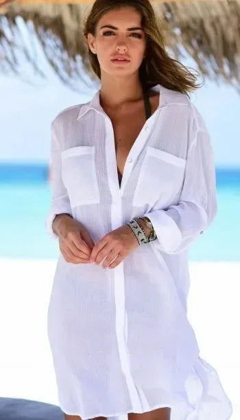 Sexy Beach Cover Up Women Bikini Pocket Swimsuit Cover Up Hollow Out T-shirt White Bathing Suit Cover-Ups Tunics Beachwear Robe
