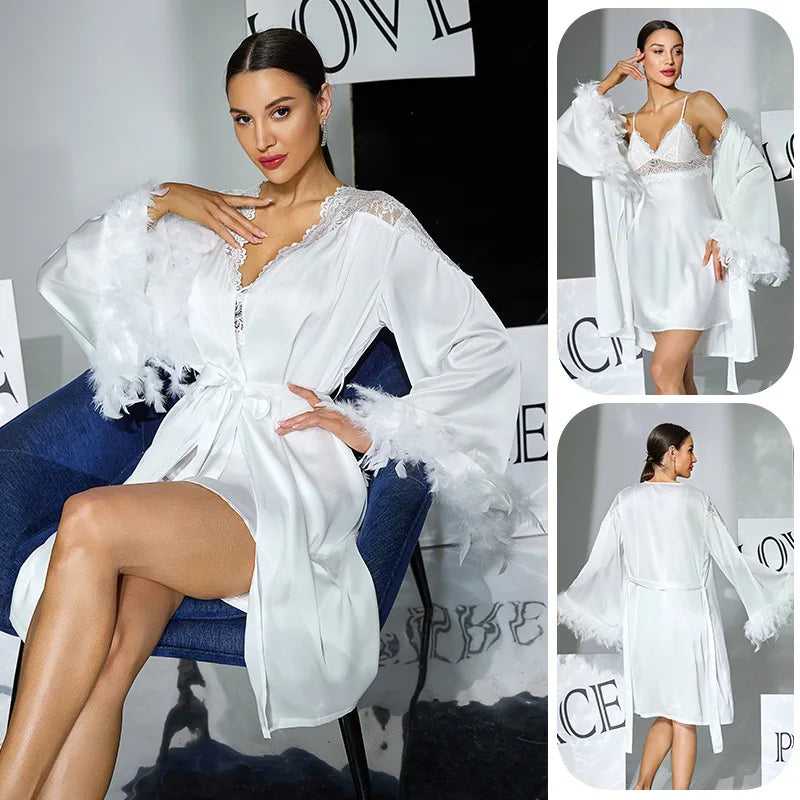 Women Satin Pajama Set Sexy Lace Camisole Nightgown Feather Trim Robe Bridal Sleepwear 2 PCS Set Wedding Nightdress Loungewear