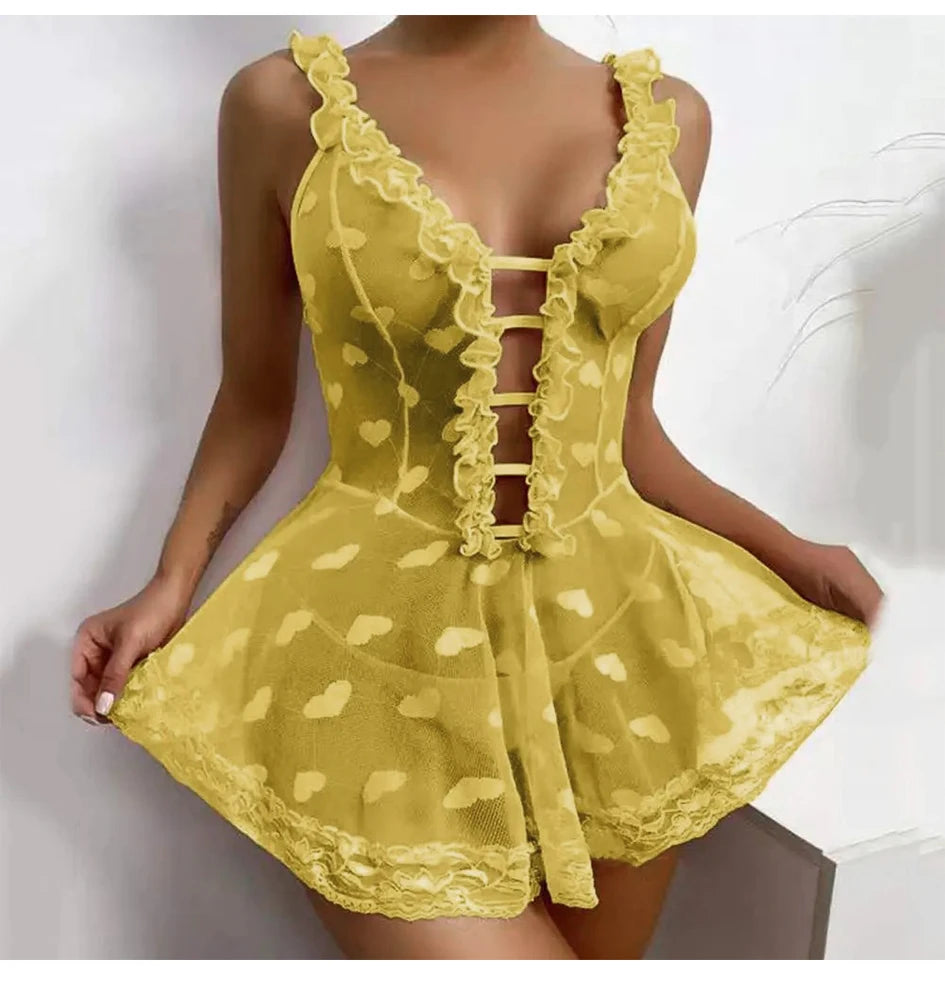 Romantic Lace Sexy Lingerie Babydoll Nightgown for Women with Ruffles Hollow Open Bra Design Love Sex Theme Seductive Erotic Cos