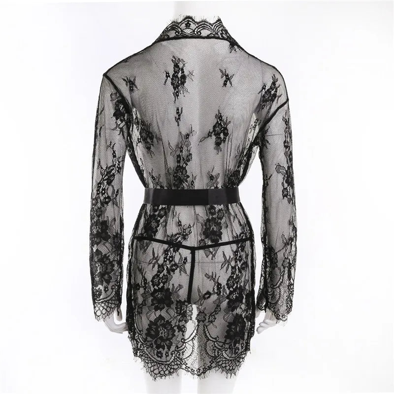 Porno Women Sexy Lingerie Dress Transparent V-Neck Nightwear Lace Babydoll Erotic Sleepwear Robe G-string Sex Costume