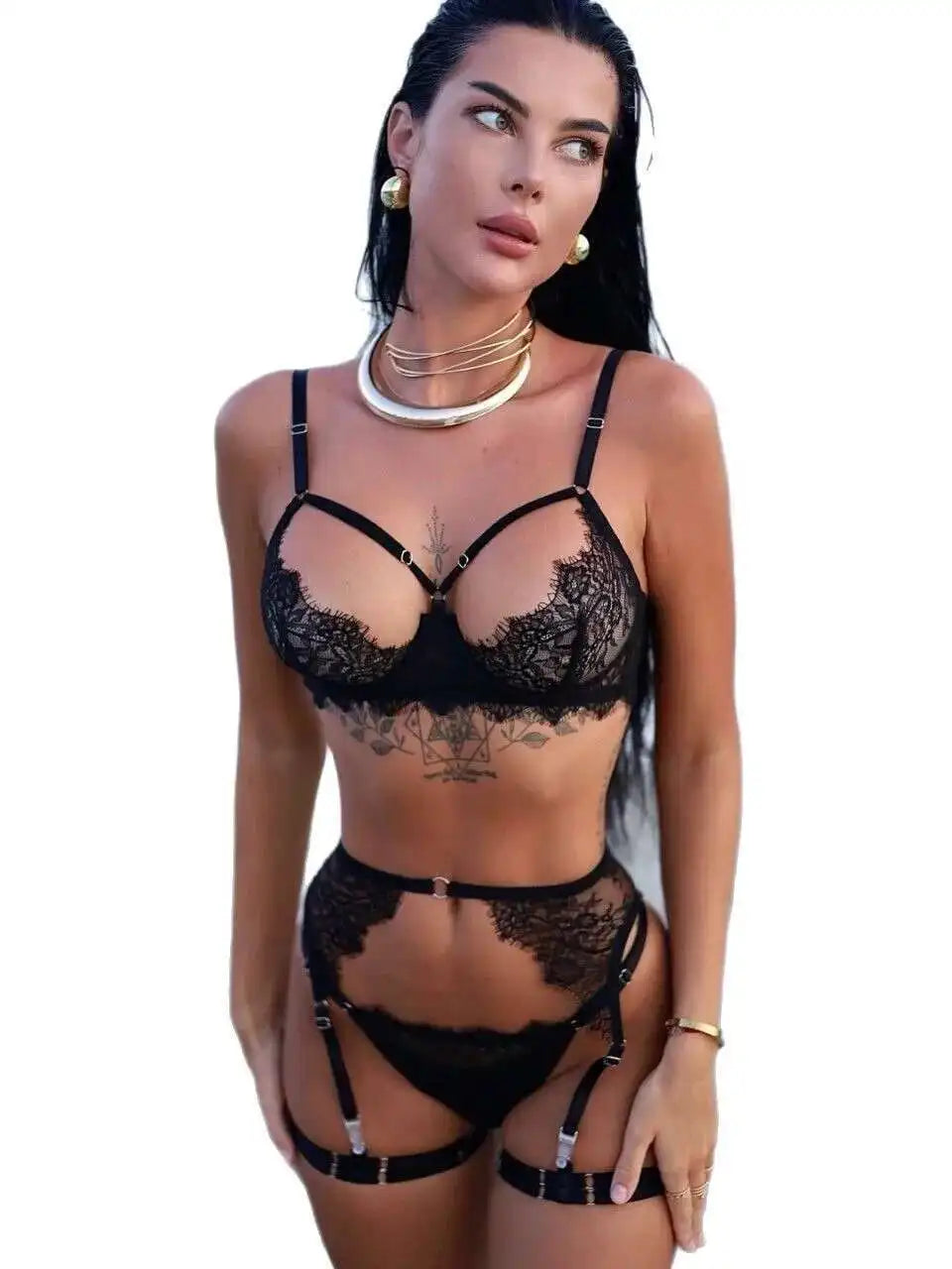 Sexy Lingerie Seduction Set Sexy French Eyelash Lace Hollow Bra Garter Belt Four Piece Bodysuit Sets Charming Beautiful EM6S