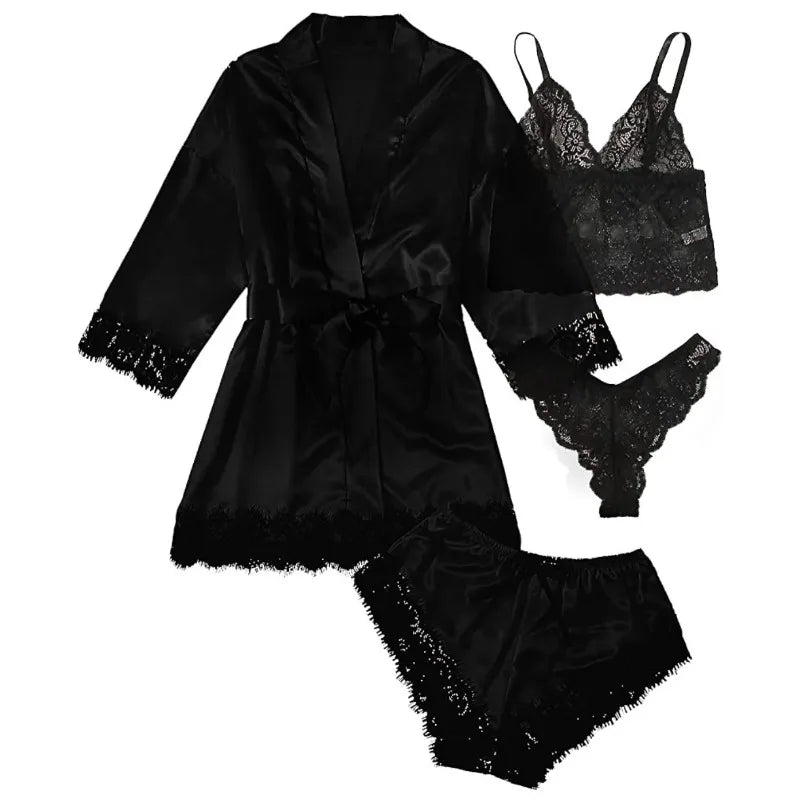 4PCS Satin Pajama Set with Robe - Lace Trim Cami Top & Shorts, The Viral Must-Have Elegant Loungewear for Women's Sleepwear