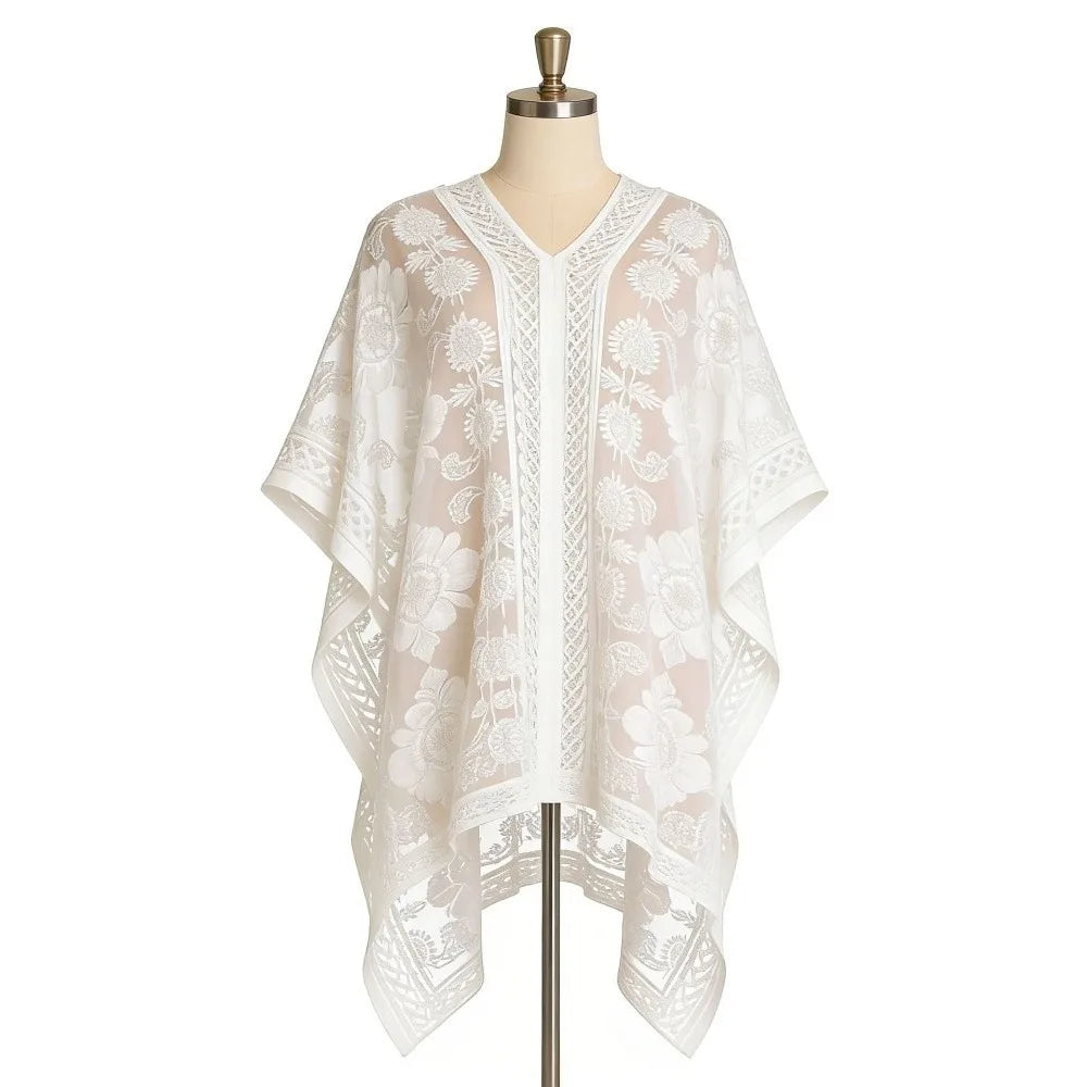 Breathable Lace Mesh Sunscreen Beach Cover Up Plus Size Casual Bohemian Shawl Transparent Floral Swimsuit Cover Up Vacation