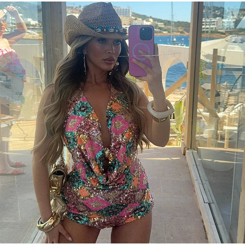 Sexy Sequin Halter Vest Shorts Women 2 Piece Sets Women Sleeveless Backless Vest Hip Package Short Pant 2026 Summer Lady Set ﻿