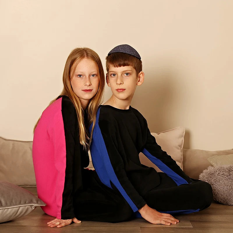 Boys pajama set blue black top and pants kids clothes for boy and girl clothing round neck winter season front velour back rib