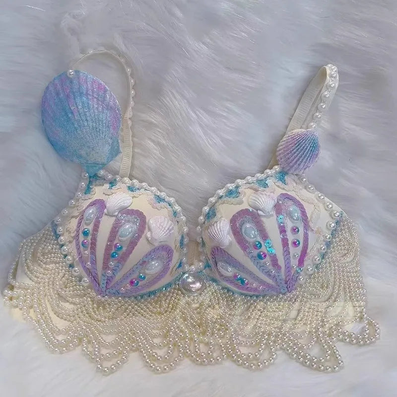 customized sparkling iridescent sequin shell bra pearl chain tassel pool party bra beach vacation pearl jacket belly dance bras
