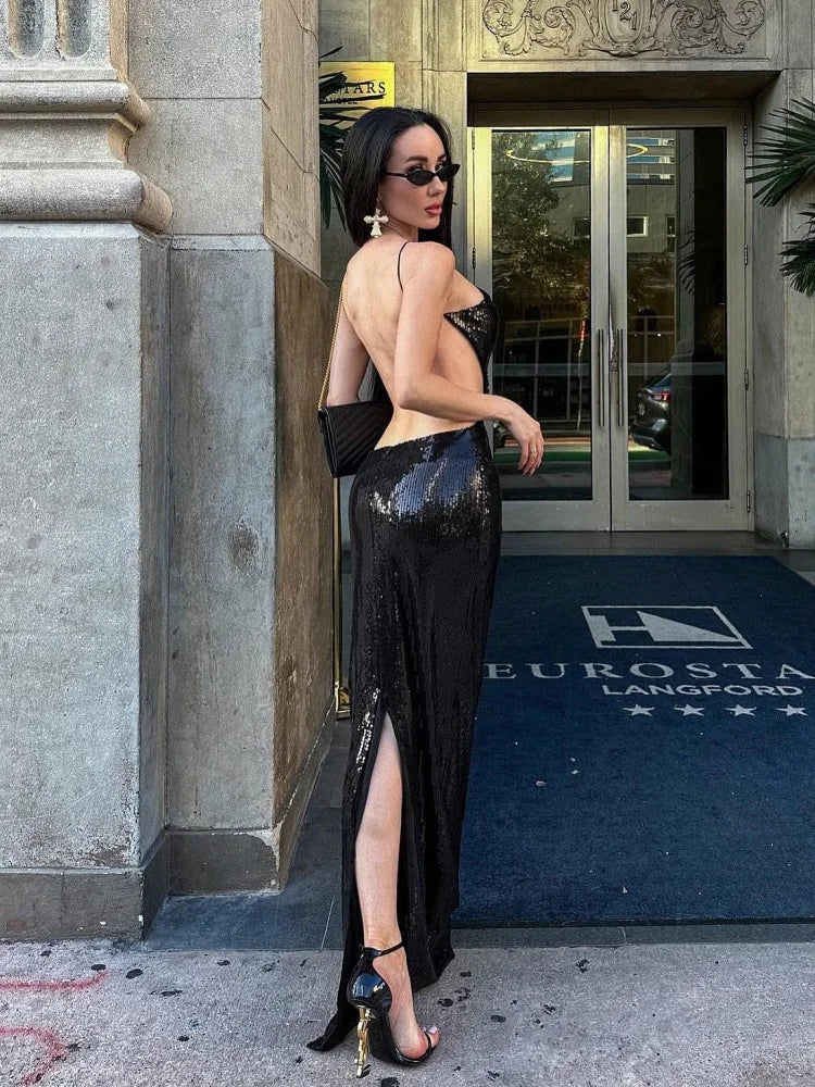 Sexy Sequin Halter Black Long Dress with Deep Plunge Cut-out – Summer New Backless Club Nights DJ Party Birthday Evening Dresses