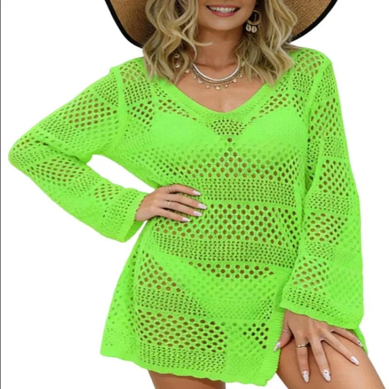 Women'S Swimsuit Cover Up Crochet Bathing Suit Mesh Swimwear Knit Pullover Beach Dress
