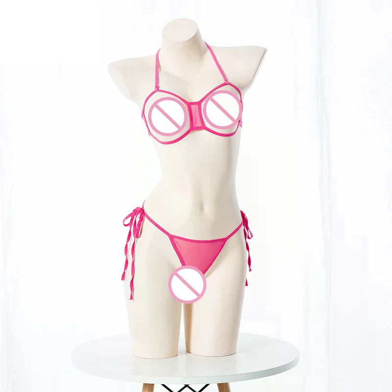 Sexy Lingerie 2 Piece Halter Neck Women's Underwear Set Mini Open Micro Bra Top Briefs Panties