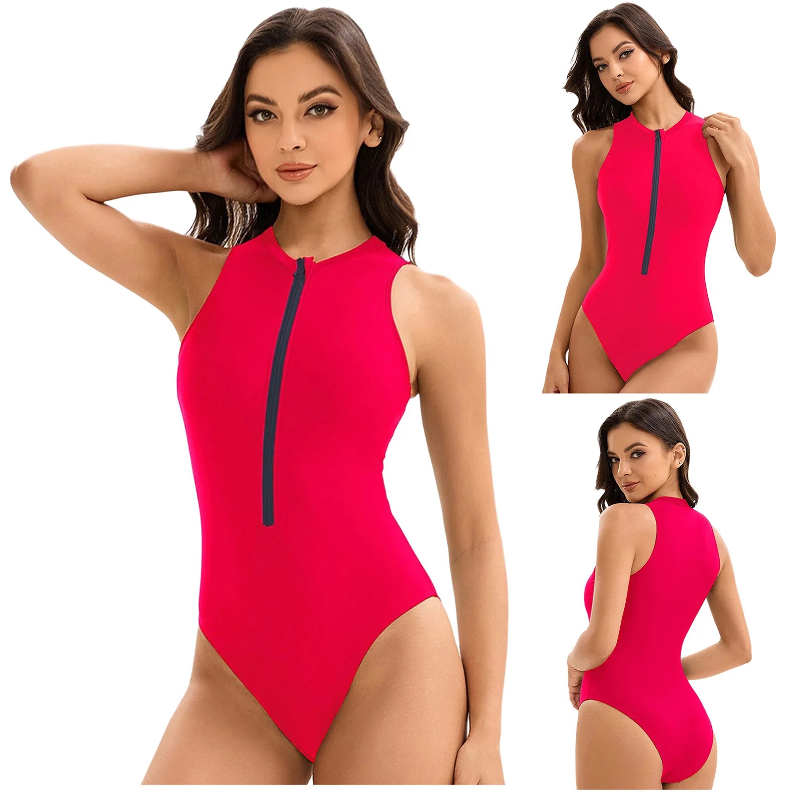 Womens One-piece Athletic Wetsuit Swimsuit Sports Swimwear Swim Costume Solid-color Zipper Closure Beach Swimming Bathing Suit