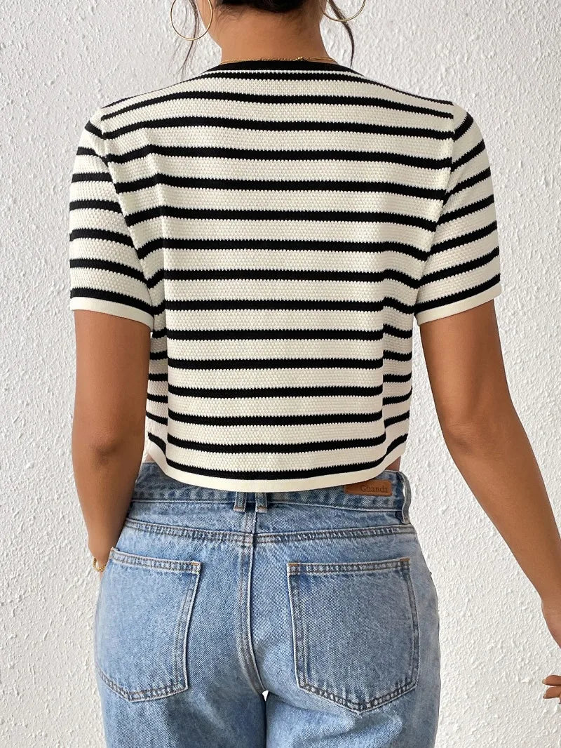 white black stripes short sleeve blouse for women turn-down collar V-neck cropped summer bikini tops hot girl boho beach tops