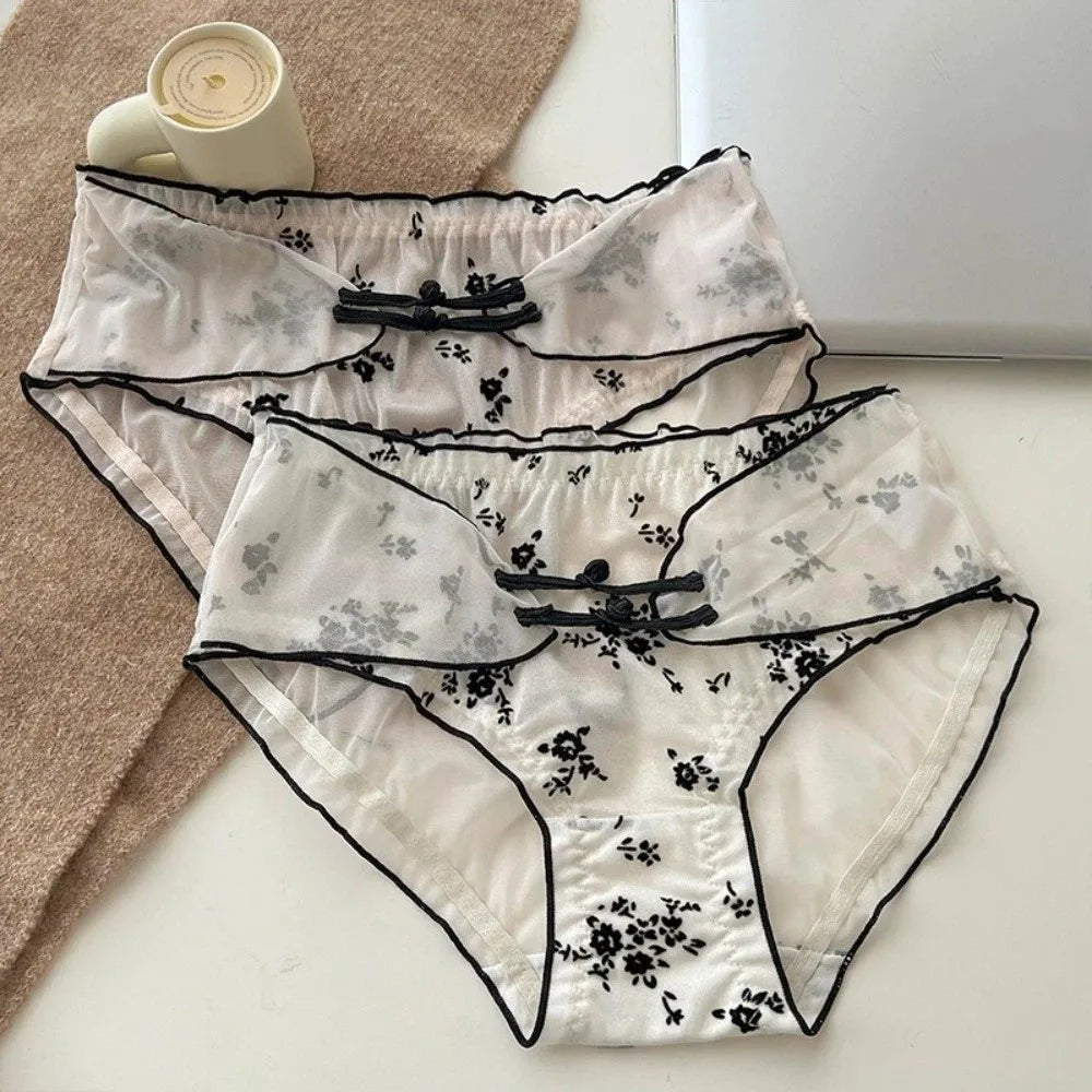Lingerie Low Waist Women Underwear Ruffle Mesh Chinese Style Briefs Buckle Design Transparent Ice Silk Panties Retro Style