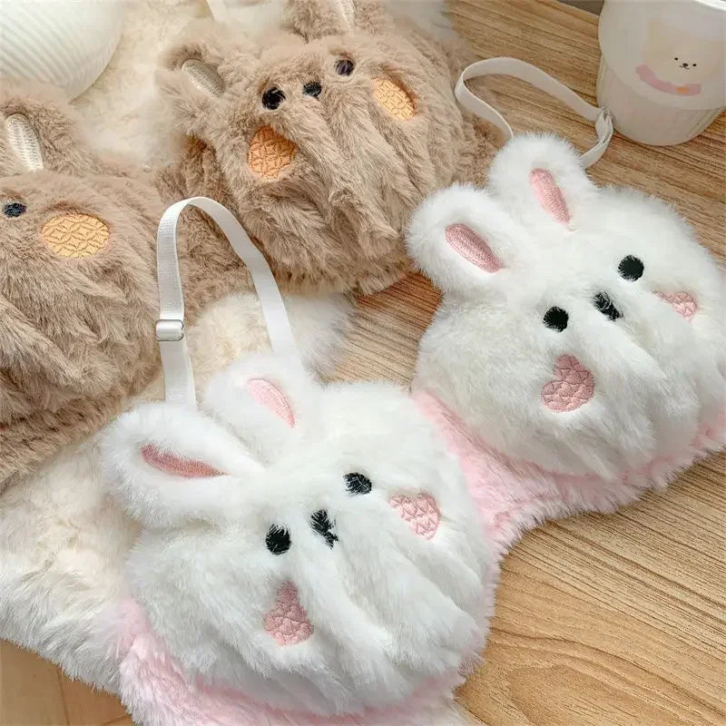 A Cute Japanese-style Plush Winter Bra with A Rabbit and A Bear, and No Underwire