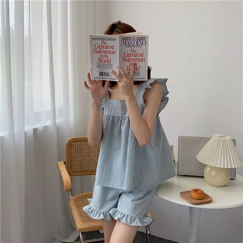 Pajama Sets Women Chic Square Collar Sweet Sleeveless All-match Home Plaid Cozy Sleepwear Korean Style Casual Summer Loose New