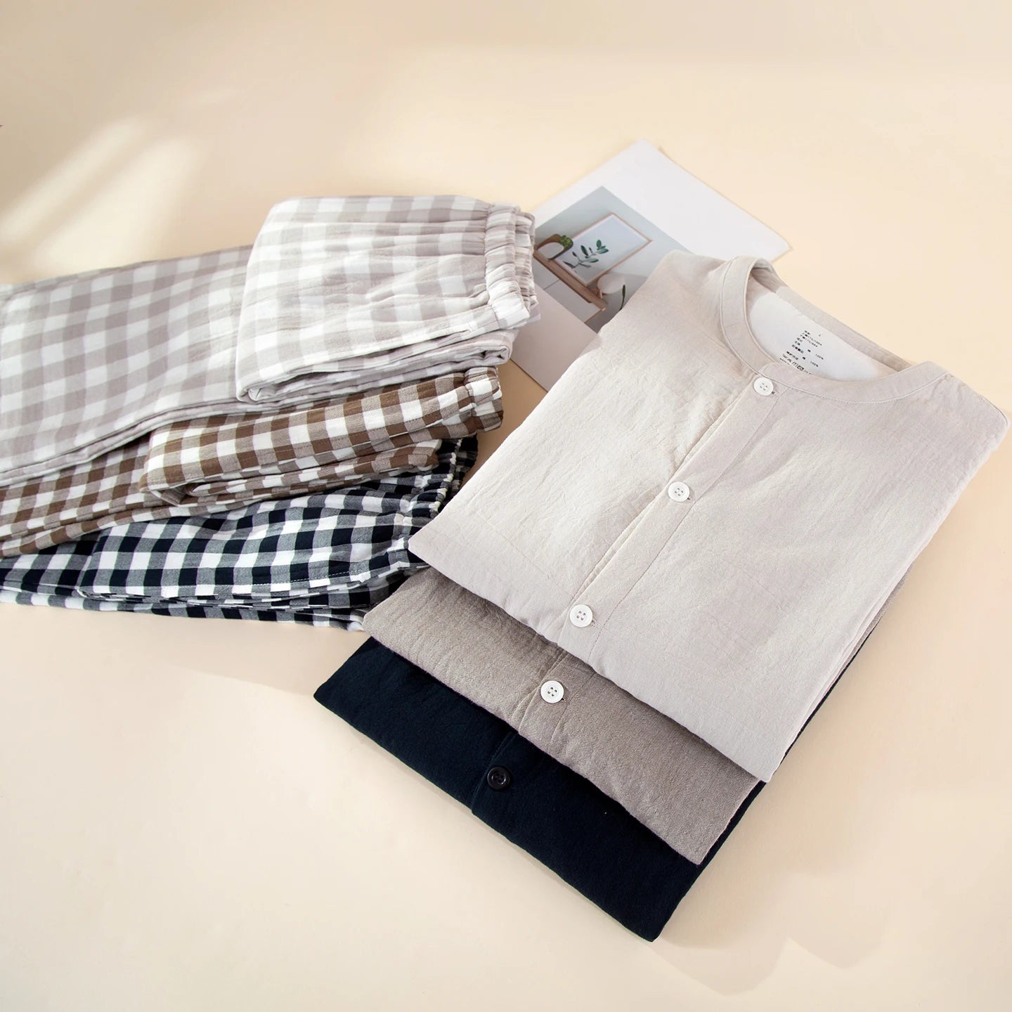 Long Sleeve Pajama Set for Men Breathable Soft Washed Cotton Sleepwear Simple Solid Top and Plaid Trousers Home Clothes 2-Piece