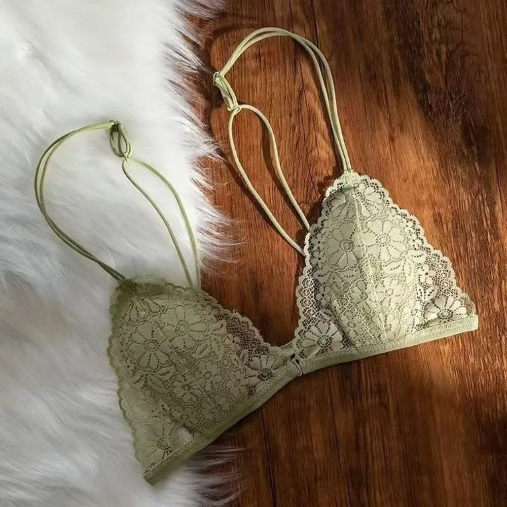 Ultra-thin Shoulder Strap Lace Wireless V Bra Shockproof Front Button Lingerie Brassiere for Women Seamless Gathered Breasts
