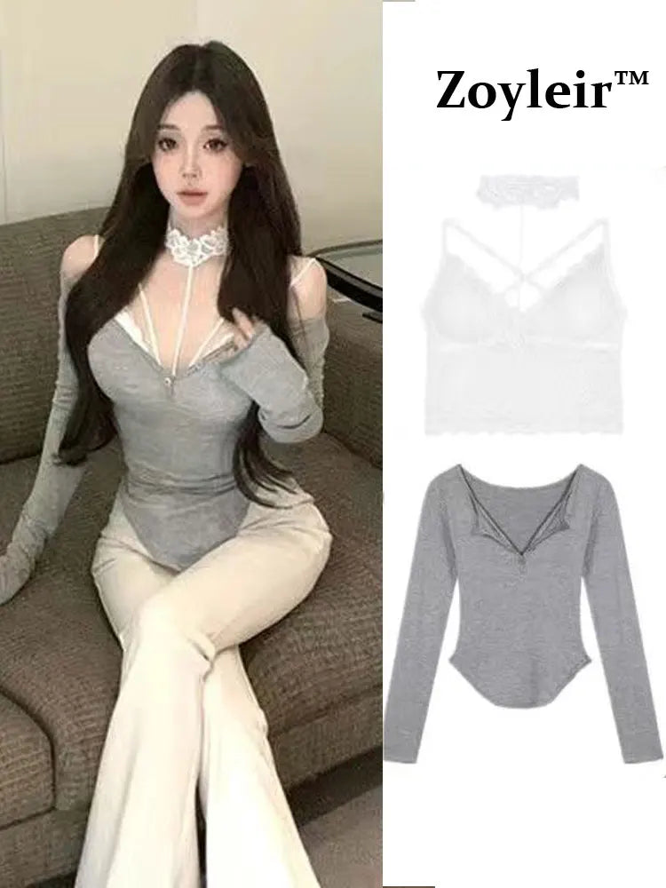 Sexy Lace 2 Piece Set Off Shoulder Long sleeve T-shirt Women Halter Corset Top Cami Top Set Basic Blouse Evening Party Outwear