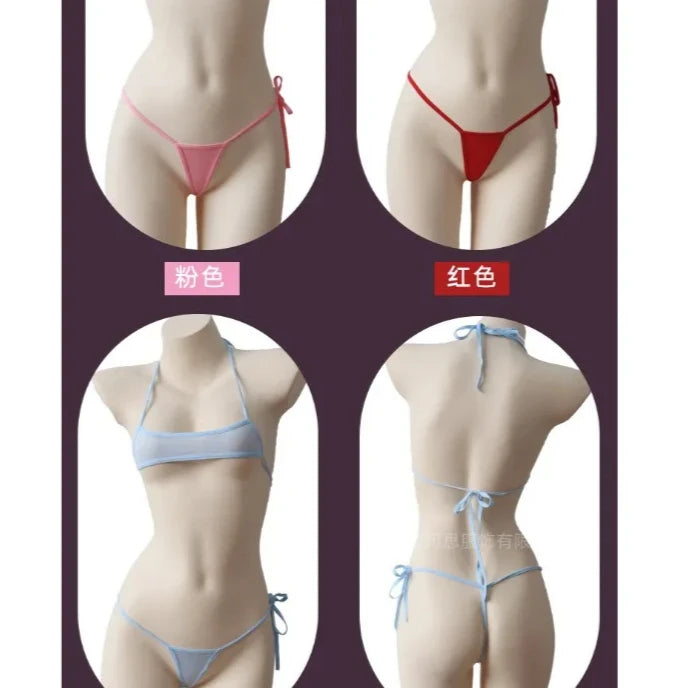 Sexy Lingerie Women's Bikini Exotic Sets Pink Tight Swimsuit T-Panties Set Thin Lace Up Transparent Bikinis Sets Spring Summer