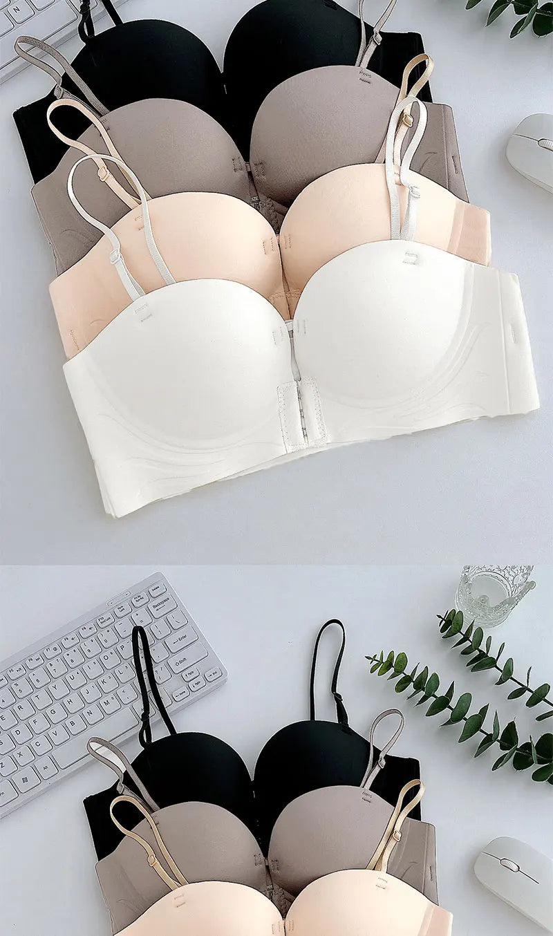 Front Closure Push Up Bras Women's Sexy Seamless Plunge No Steel Brassiere Thick Female Underwear Solid Color Invisible Lingerie