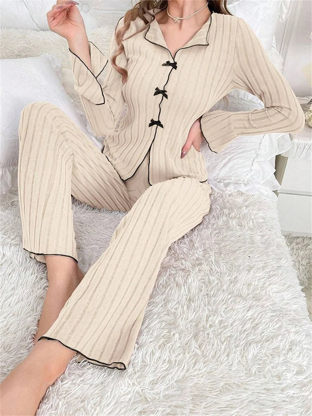 Ribbed Knit Pajama Sets Long Sleeve Lounge Set for Women  Button Top Full Length Pants 2 Piece Fall Casual Outfit Sets