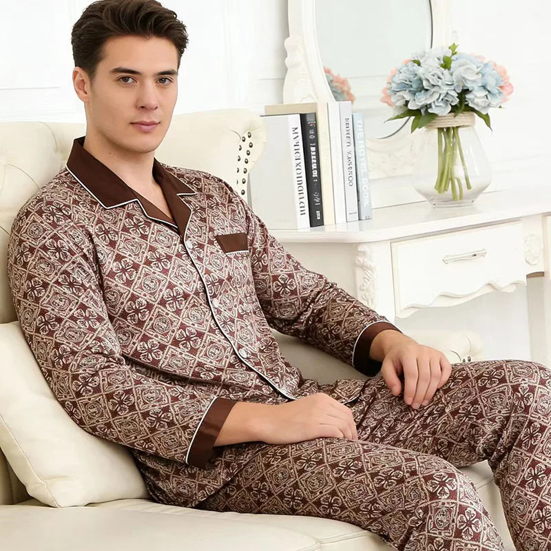 2PCS Men's Geometric Print Pajama Set Loungewear Spring New Thin Polyester Ice Silk Sleepwear Plus Size Homewear Pijamas Suit