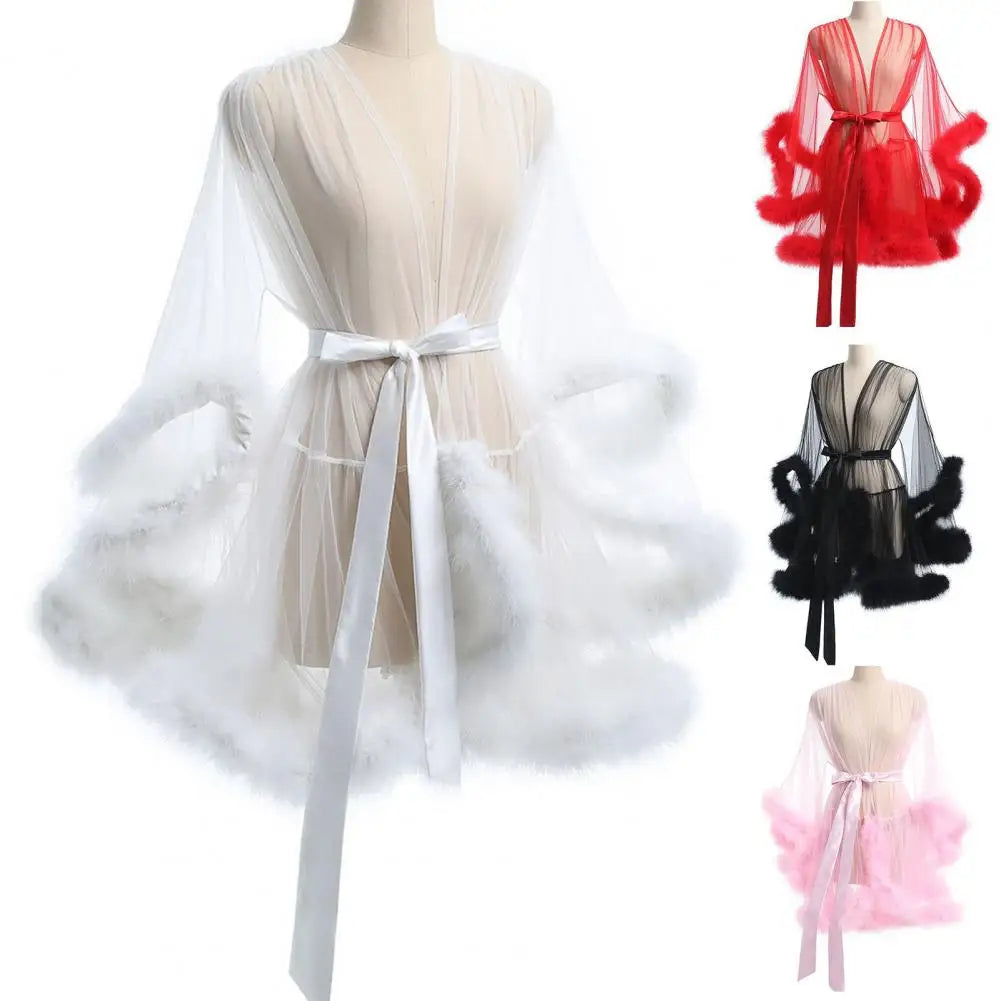 Female Sheer Shapewear Robes Fashoin Long Sleeve Plush Spliced Thin Lingerie Women Lace Up Erotic Midi Long Sexy Robes