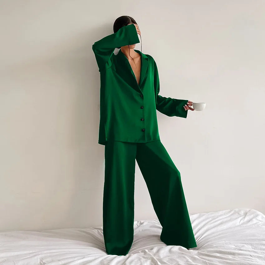 Two Pieces Women Pajama Sets Single Breasted Blouses Lounge Full Sleeve Spliced Straight Pants Casual Solid Lady Sleepwear