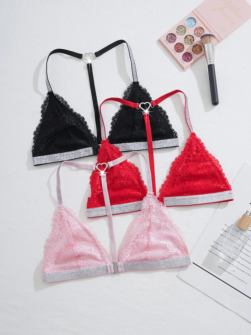 Women Lace Unlined Bras Sexy Wire Free Bralette Underwear Push Up Halter Strap Brassiere Lingerie Front Closure Temptation Bra