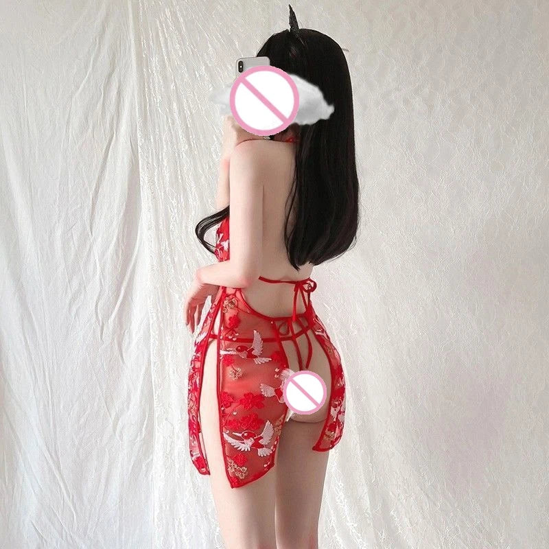 Sexy Lingerie Pure Desire Style Retro Cheongsam Perspective Embroidered Pajamas Hot Uniform Midnight Passion Bed Flirting Set
