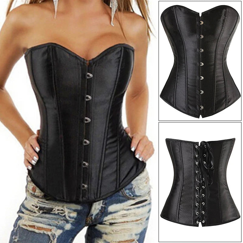 Women's Satin Corsets Top Lace Up Boned Punk Overbust Corset Bustier Lingerie Waist Cincher Body Shaper