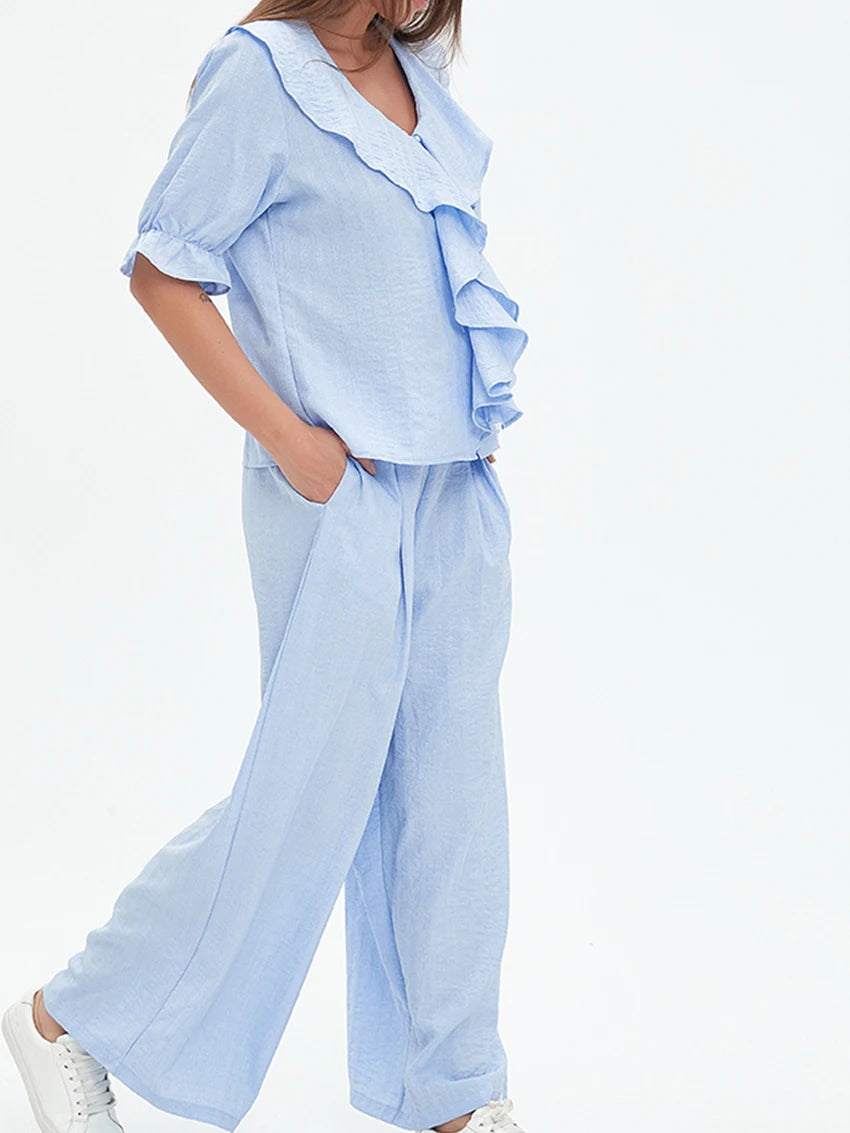 Women Linen Pajama 2 Piece Set Short Sleeve Front Ruffle Shirt PJs Pants Lounge Cute Sleepwear Casual Homewear Set