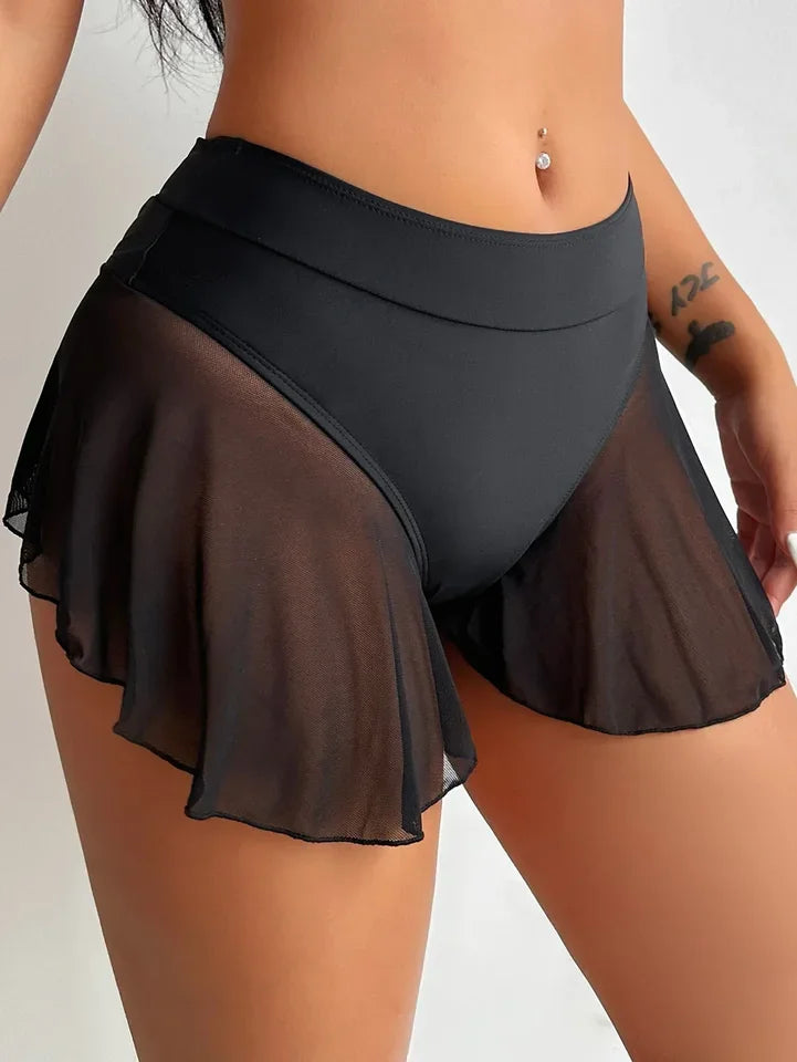 High Waist Bikini Shorts Bottoms Women Swimming Mesh Ruffle Pleated Panties Summer Ladies Black Bathing Suit Swim Shorts Bottom