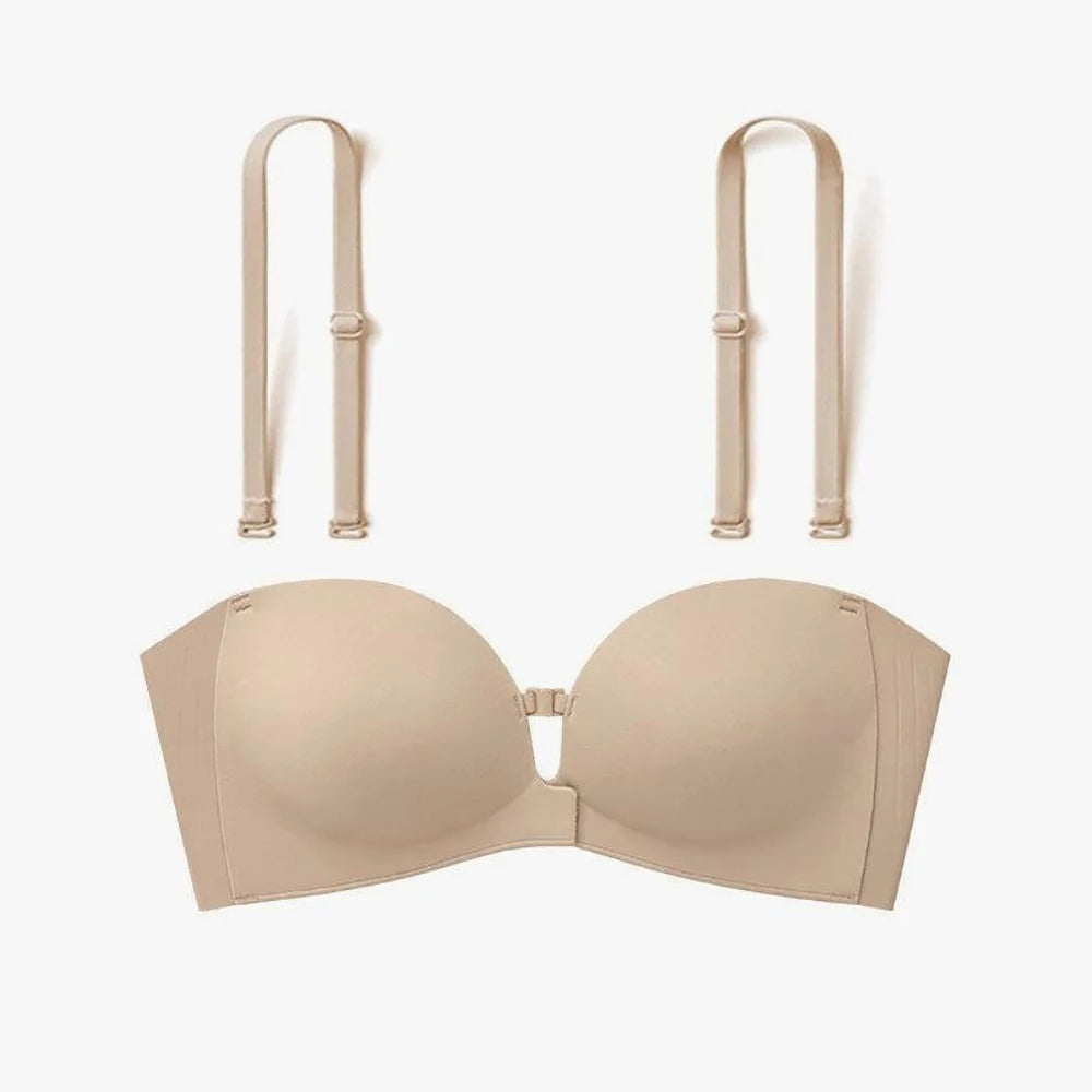 Strapless Front Closure Bra Padded Push Up Lift Bra Non Slip Grip Wireless Supportive Seamless Tube Jelly Bra Add Cup Underwear