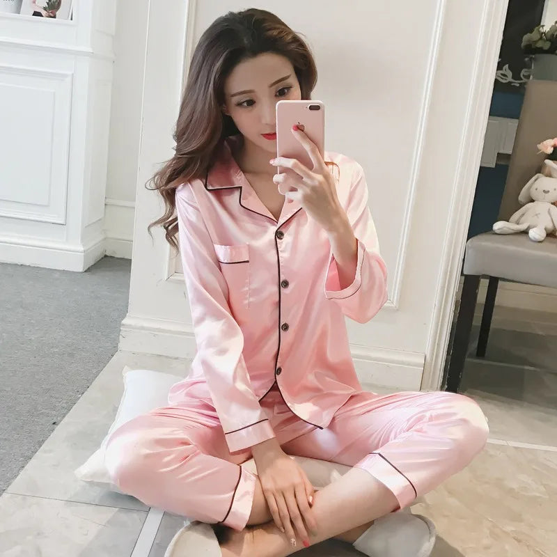 Pajamas Sets for Women 2025 Sexy Silk Women Pijama Sets Sleepwear Long-sleeve Cardigan Set Female Ice Silk Pyjamas Home Clothing