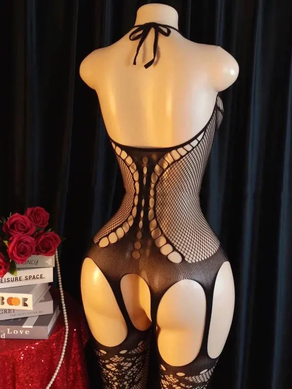 Lace Bra One-Piece Set Crotchless Lingerie Women's Curve Jumpsuit Hot Open Bras Body Stockings Halter Neck See-through Underwear