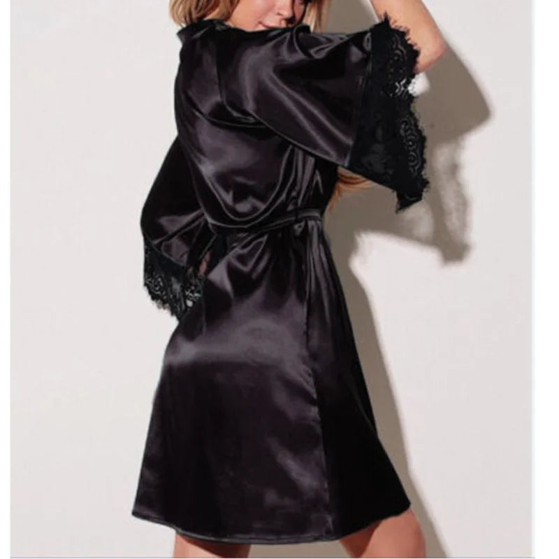 Female Sexy Lingerie Silky Satin Sleepwear Women Night Gown Robe with G String Floral Lace Bathrobe Halt Sleeve Nightdress
