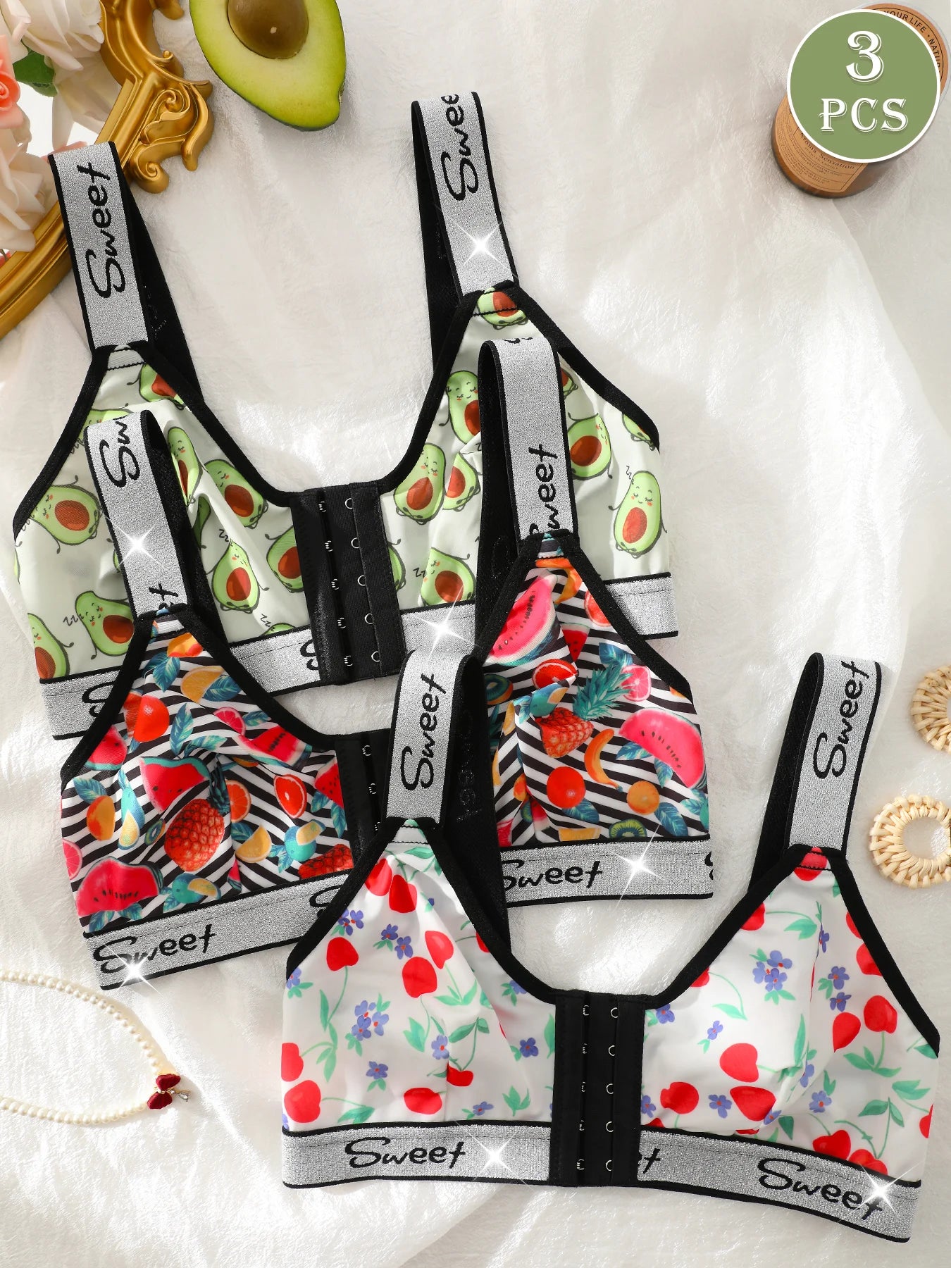 3 Pack Women's Wireless Bra, Mixed Fruit Print Front Closure Shiny Trim Comfort Bralette